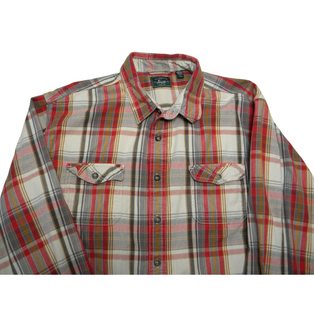 G.H. Bass Men's 100% Cotton Thick Plaid Gray Red Button Down Shirt XXL Layer